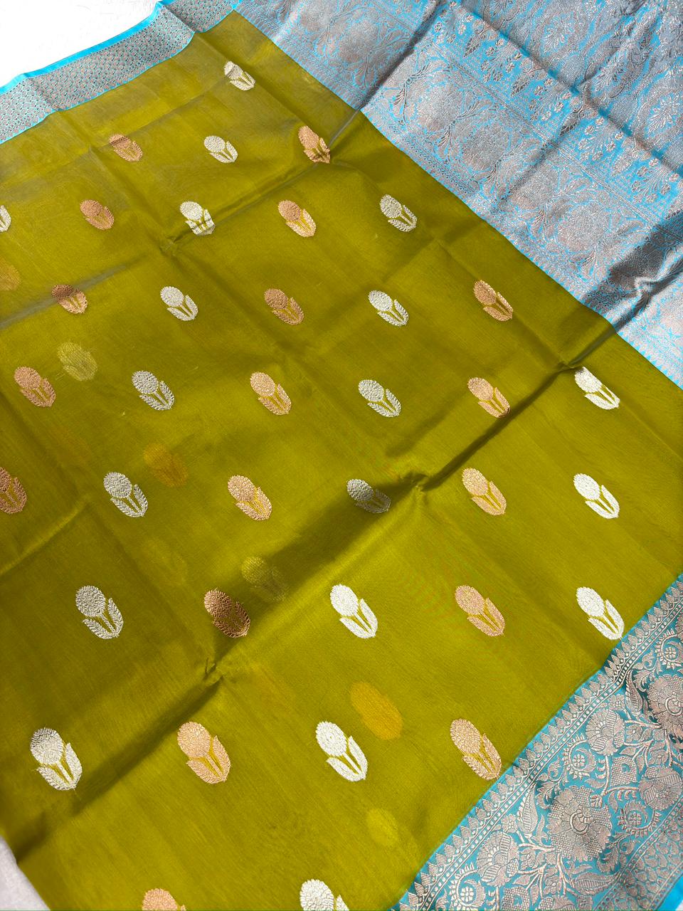 Olive Green Kora Silk Designer Saree with Aqua Blue Zari Pallu