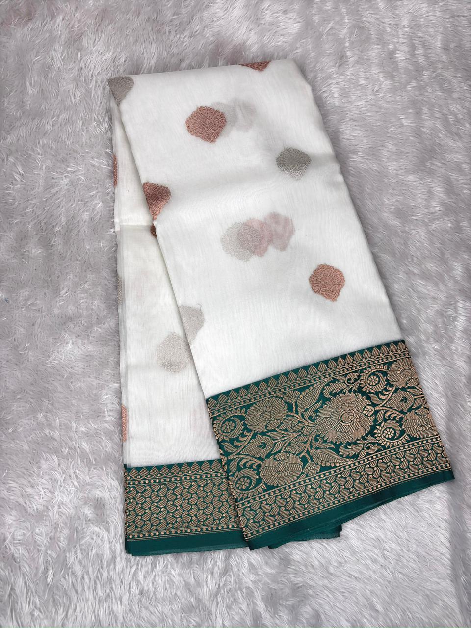 White Kora Silk Designer Saree with Emerald Green Meenakari Zari Pallu