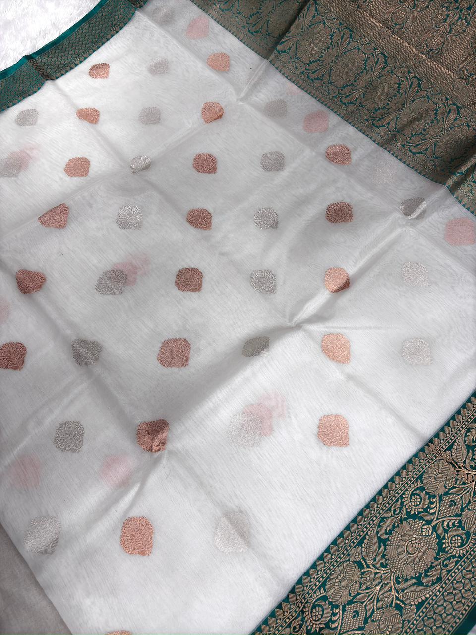 White Kora Silk Designer Saree with Emerald Green Meenakari Zari Pallu