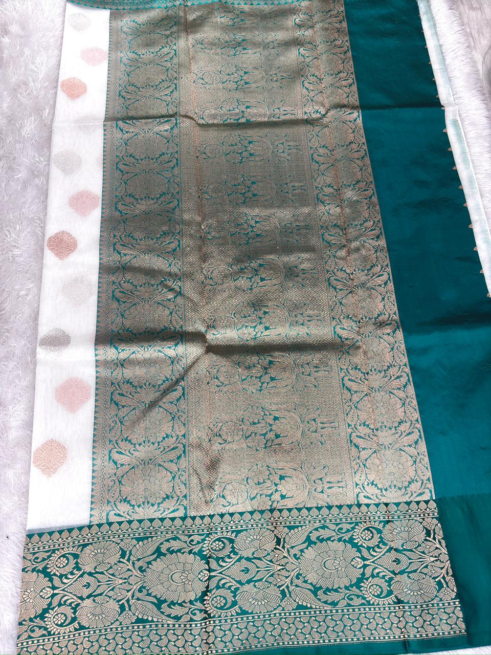 White Kora Silk Designer Saree with Emerald Green Meenakari Zari Pallu