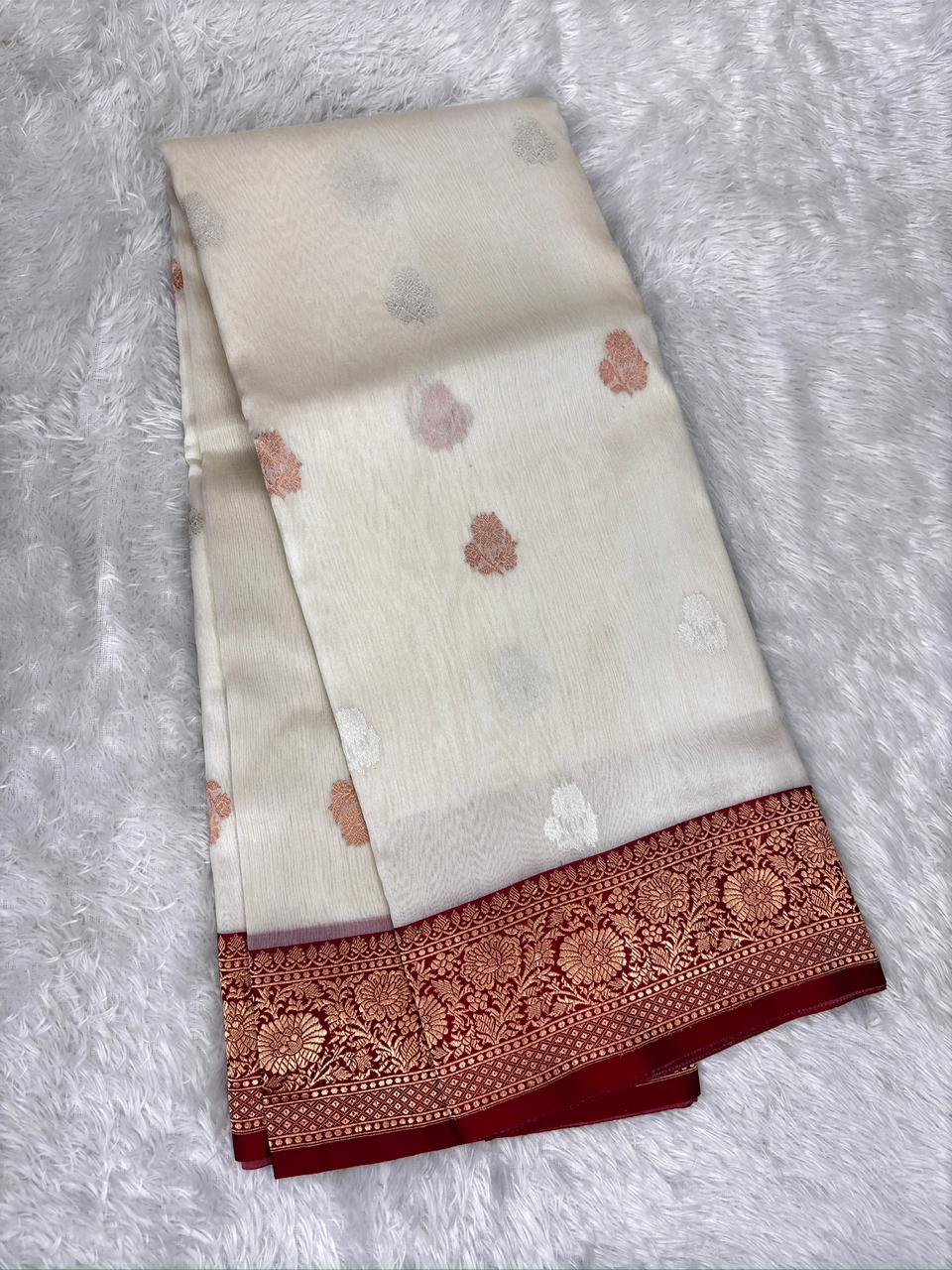 Ivory Elegance Kora Silk Designer Saree with Regal Red Zari Pallu