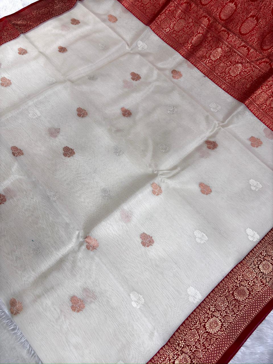 Ivory Elegance Kora Silk Designer Saree with Regal Red Zari Pallu
