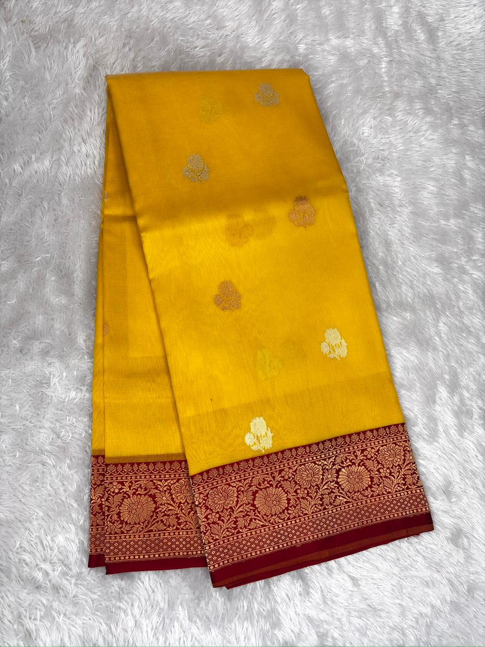 Sunlit Mustard Kora Silk Designer Saree with Rich Red Zari Pallu