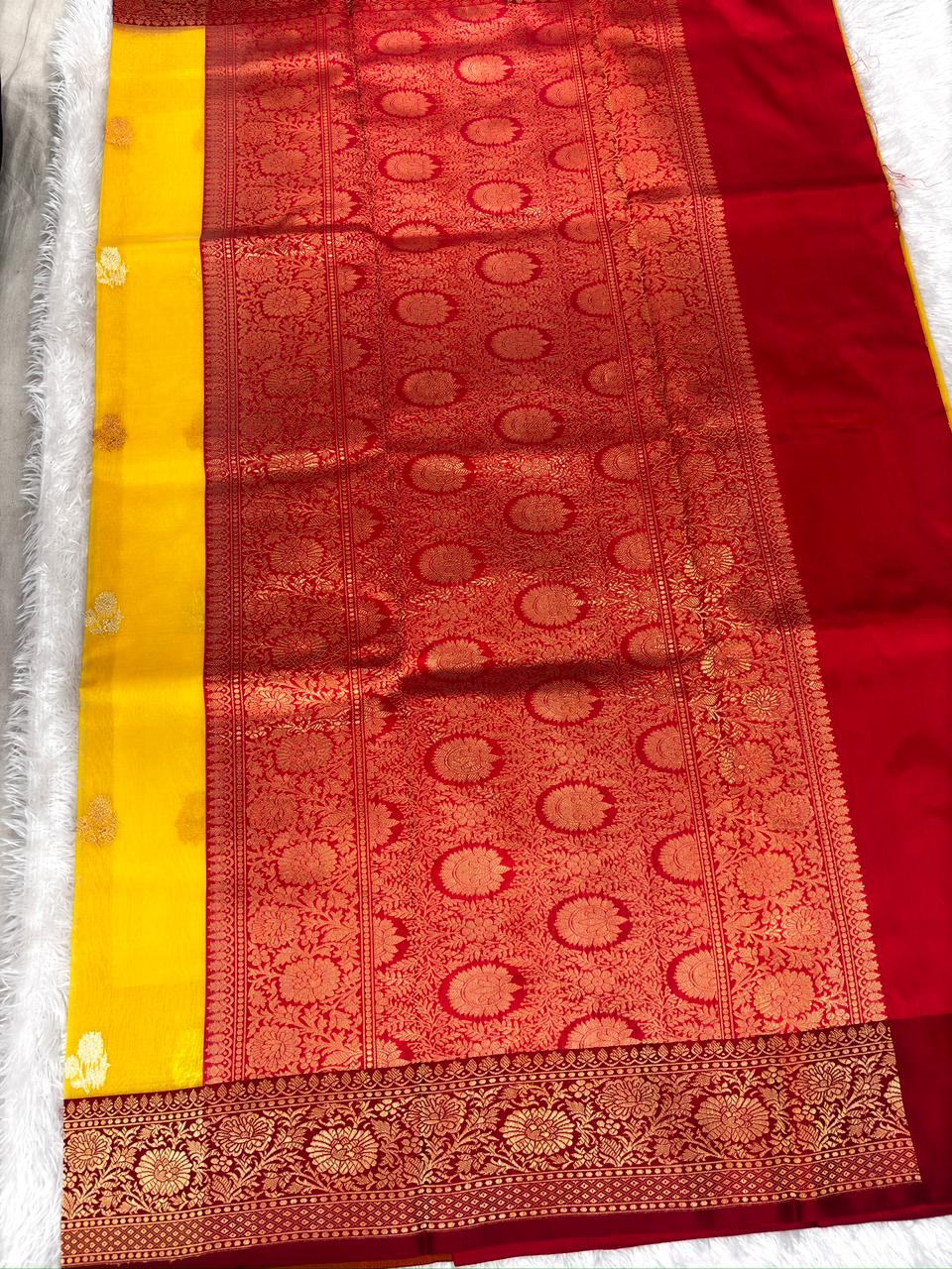 Sunlit Mustard Kora Silk Designer Saree with Rich Red Zari Pallu