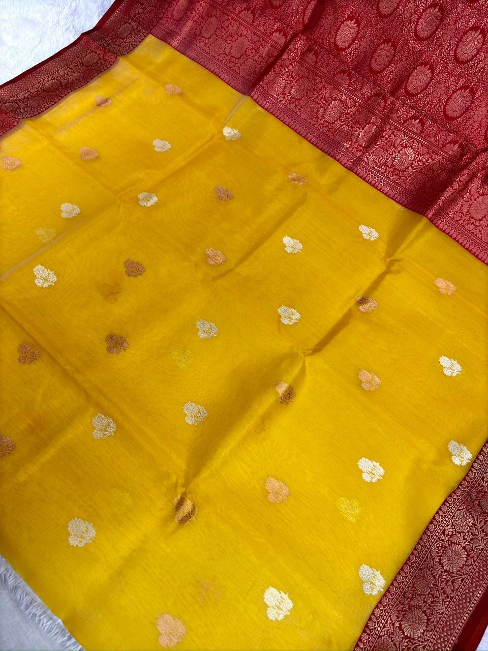 Sunlit Mustard Kora Silk Designer Saree with Rich Red Zari Pallu