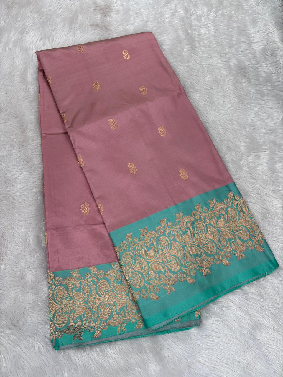 Rose Pink Katan Silk Kadhua Boota Handloom Banarasi Saree with Aqua Green Zari Border