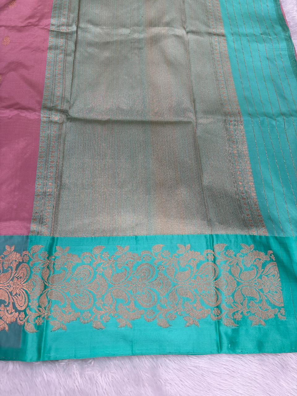Rose Pink Katan Silk Kadhua Boota Handloom Banarasi Saree with Aqua Green Zari Border