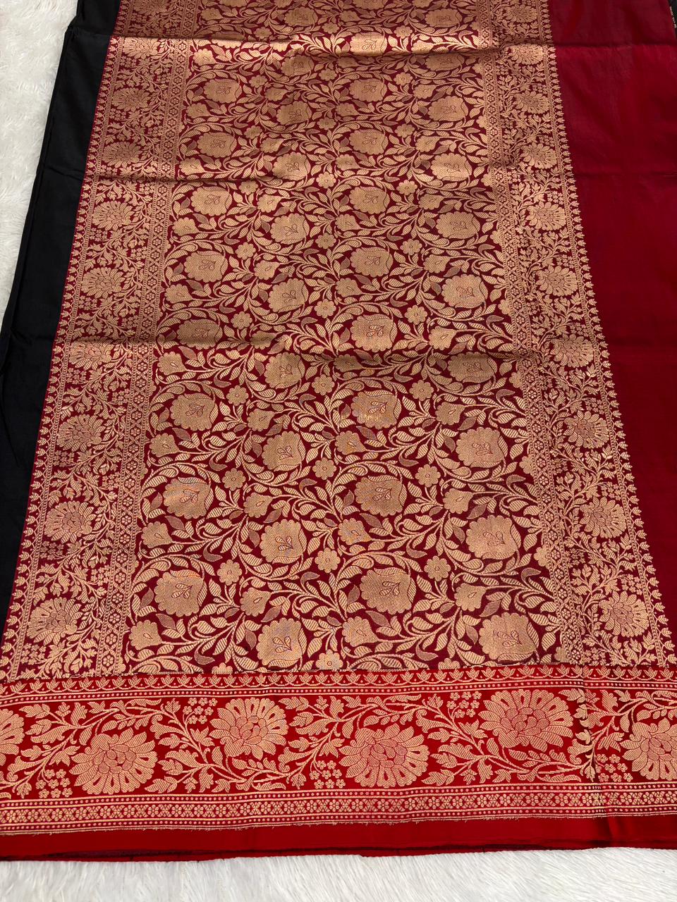 Classic Black Katan Silk Kadhua Boota Handloom Banarasi Saree with Red Zari Border