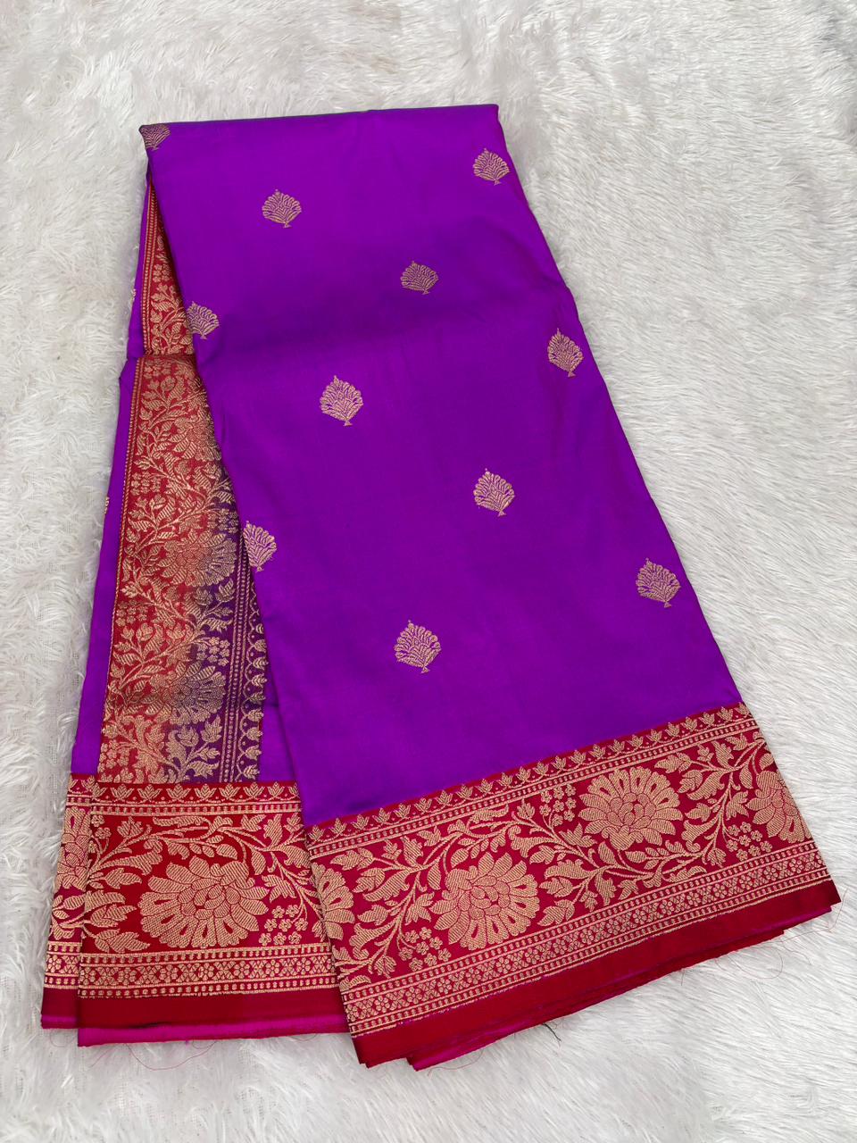 Royal Rani Purple Katan Silk Kadhua Boota Handloom Banarasi Saree with Red Meenakari Border