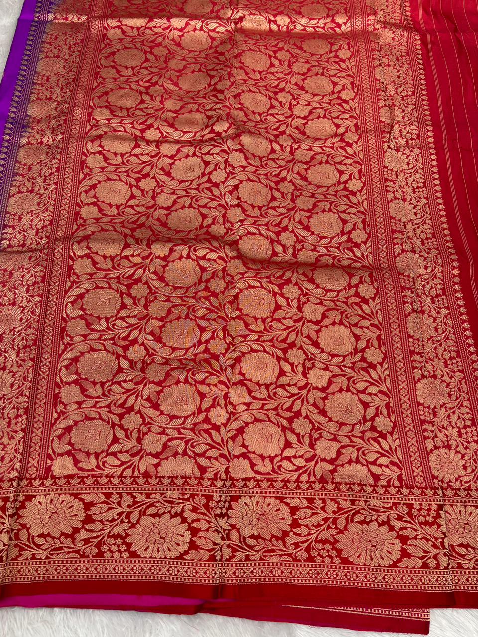 Royal Rani Purple Katan Silk Kadhua Boota Handloom Banarasi Saree with Red Meenakari Border