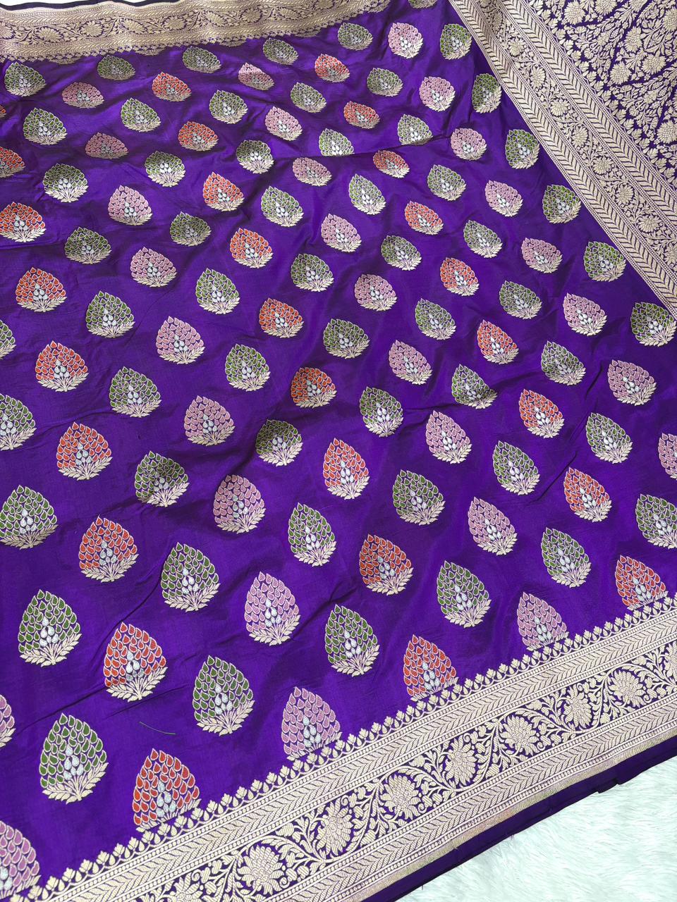 Royal Purple Banarasi Katan Silk Saree with Meenakari Buta and Jungla Cutwork Border
