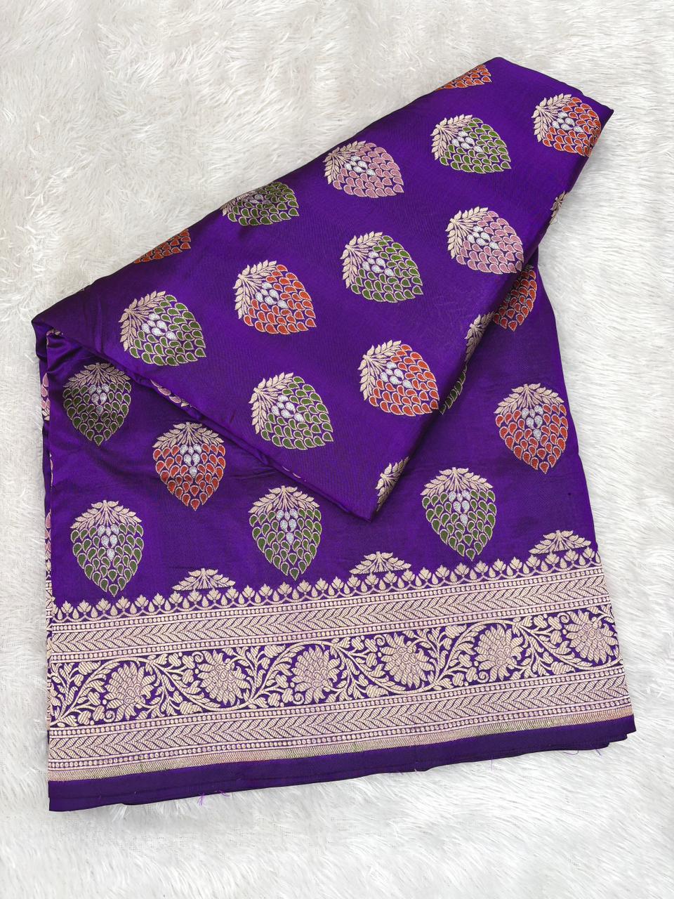 Royal Purple Banarasi Katan Silk Saree with Meenakari Buta and Jungla Cutwork Border