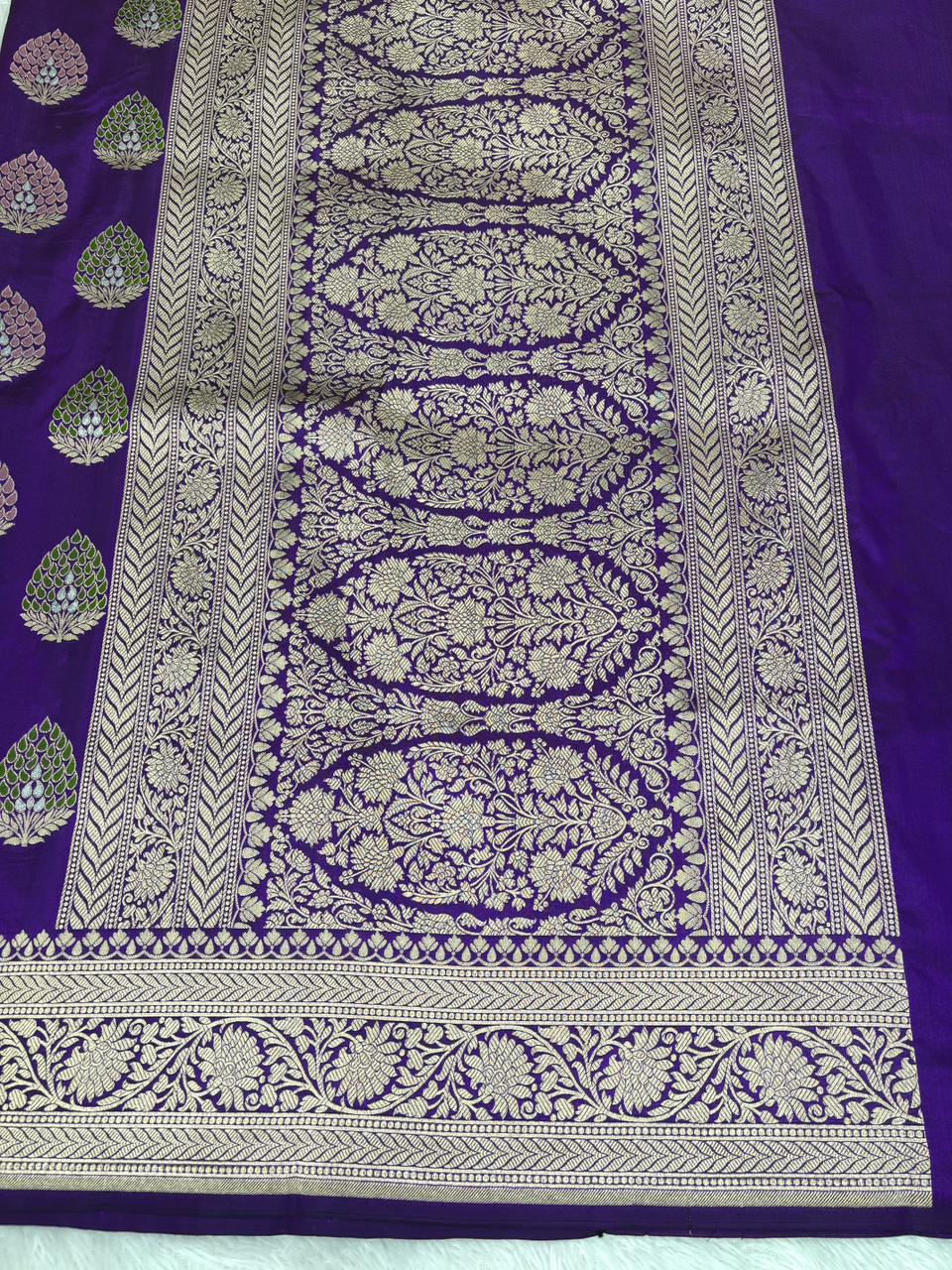 Royal Purple Banarasi Katan Silk Saree with Meenakari Buta and Jungla Cutwork Border