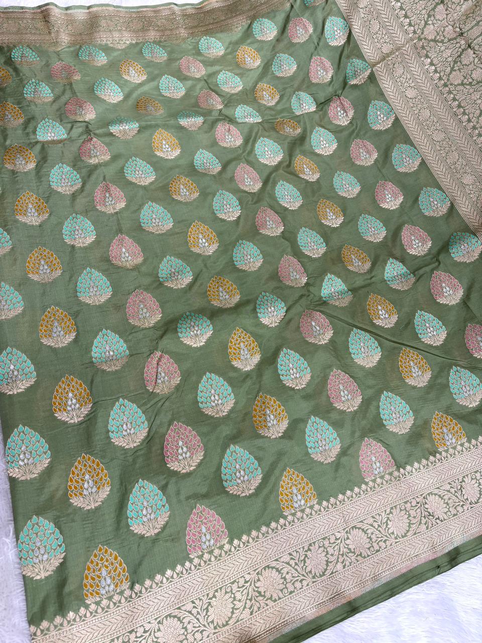 Majestic Olive Green Katan Silk Banarasi Saree with Meenakari Leaf Butas & Heavy Cutwork