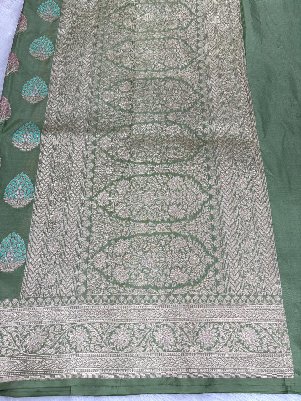 Majestic Olive Green Katan Silk Banarasi Saree with Meenakari Leaf Butas & Heavy Cutwork