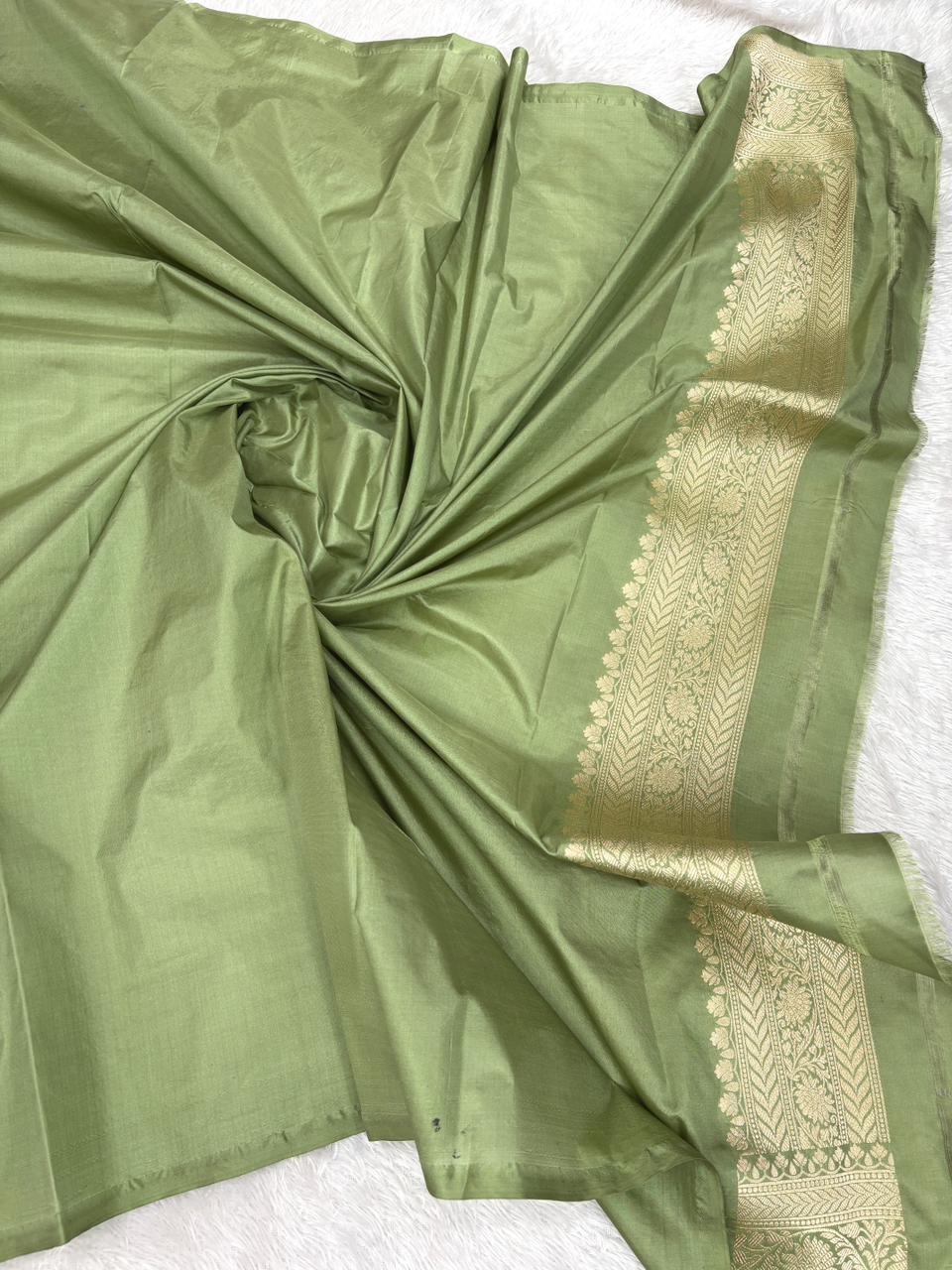 Majestic Olive Green Katan Silk Banarasi Saree with Meenakari Leaf Butas & Heavy Cutwork