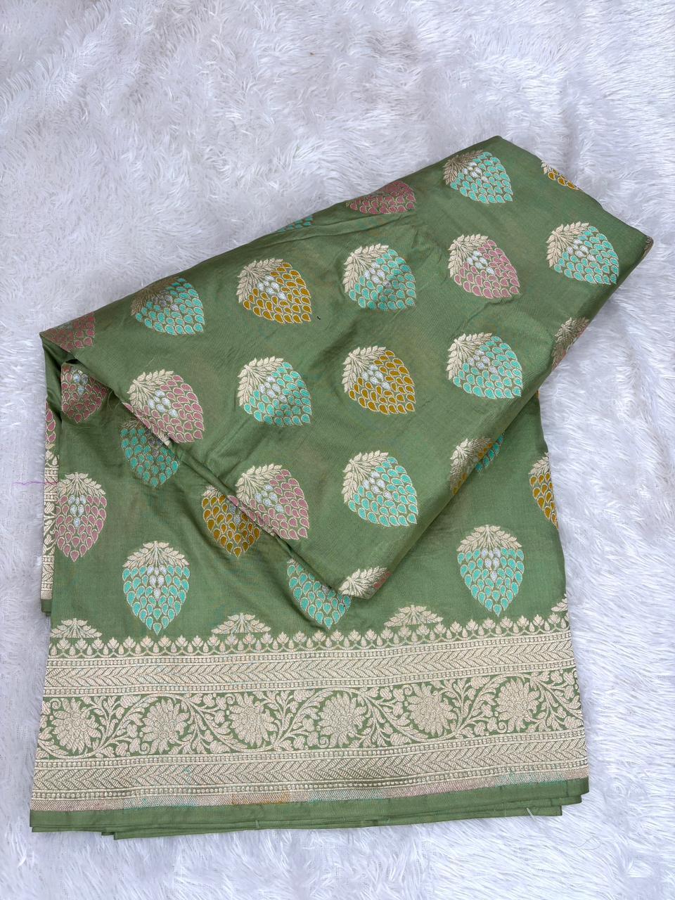Majestic Olive Green Katan Silk Banarasi Saree with Meenakari Leaf Butas & Heavy Cutwork