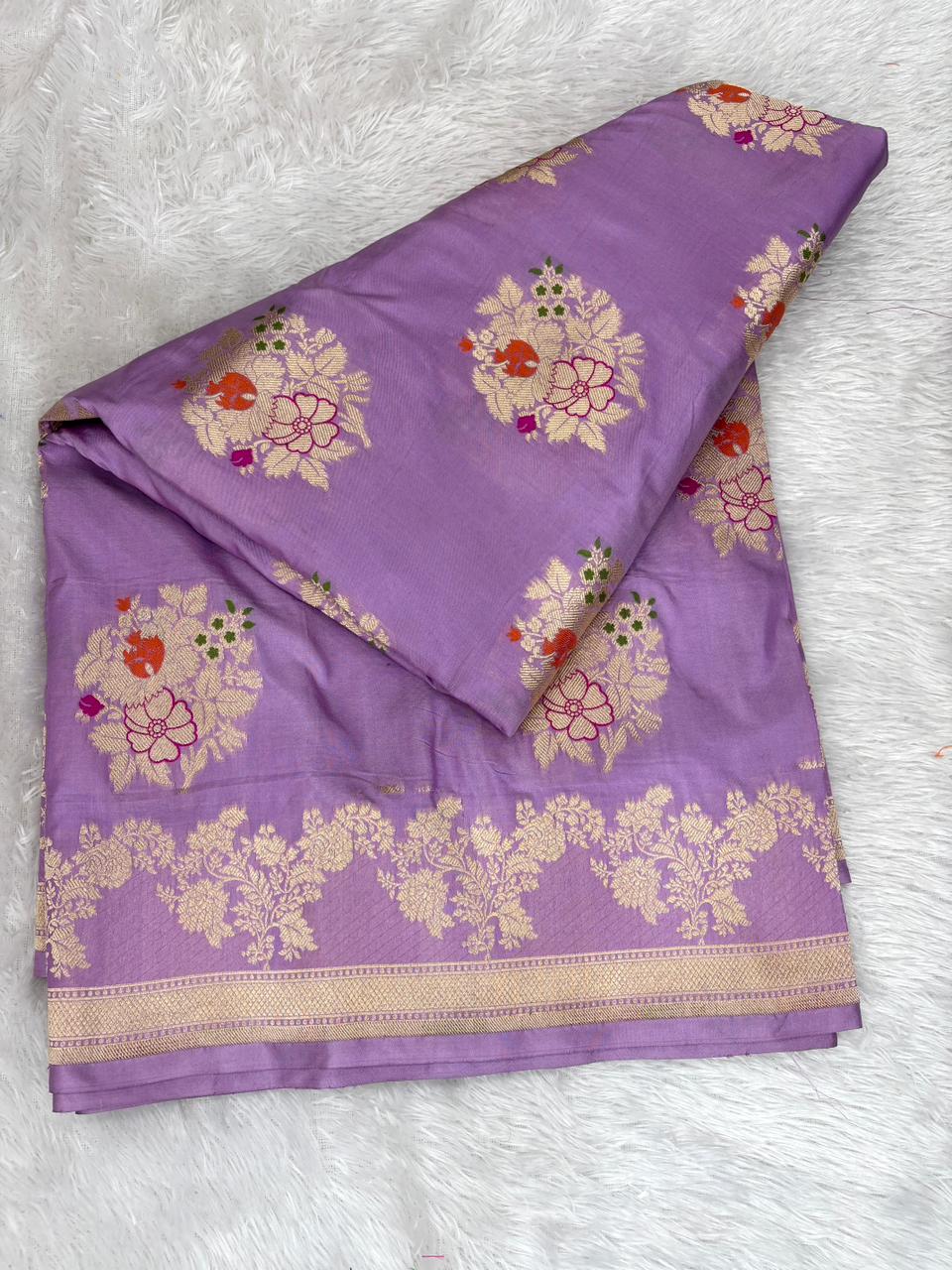 Ethereal Lavender Katan Silk Banarasi Saree with Meenakari Floral Butas & Cutwork