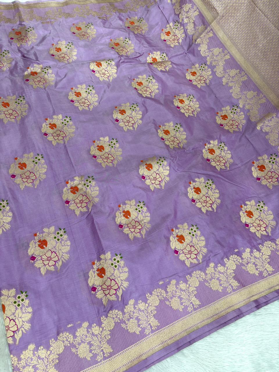 Ethereal Lavender Katan Silk Banarasi Saree with Meenakari Floral Butas & Cutwork