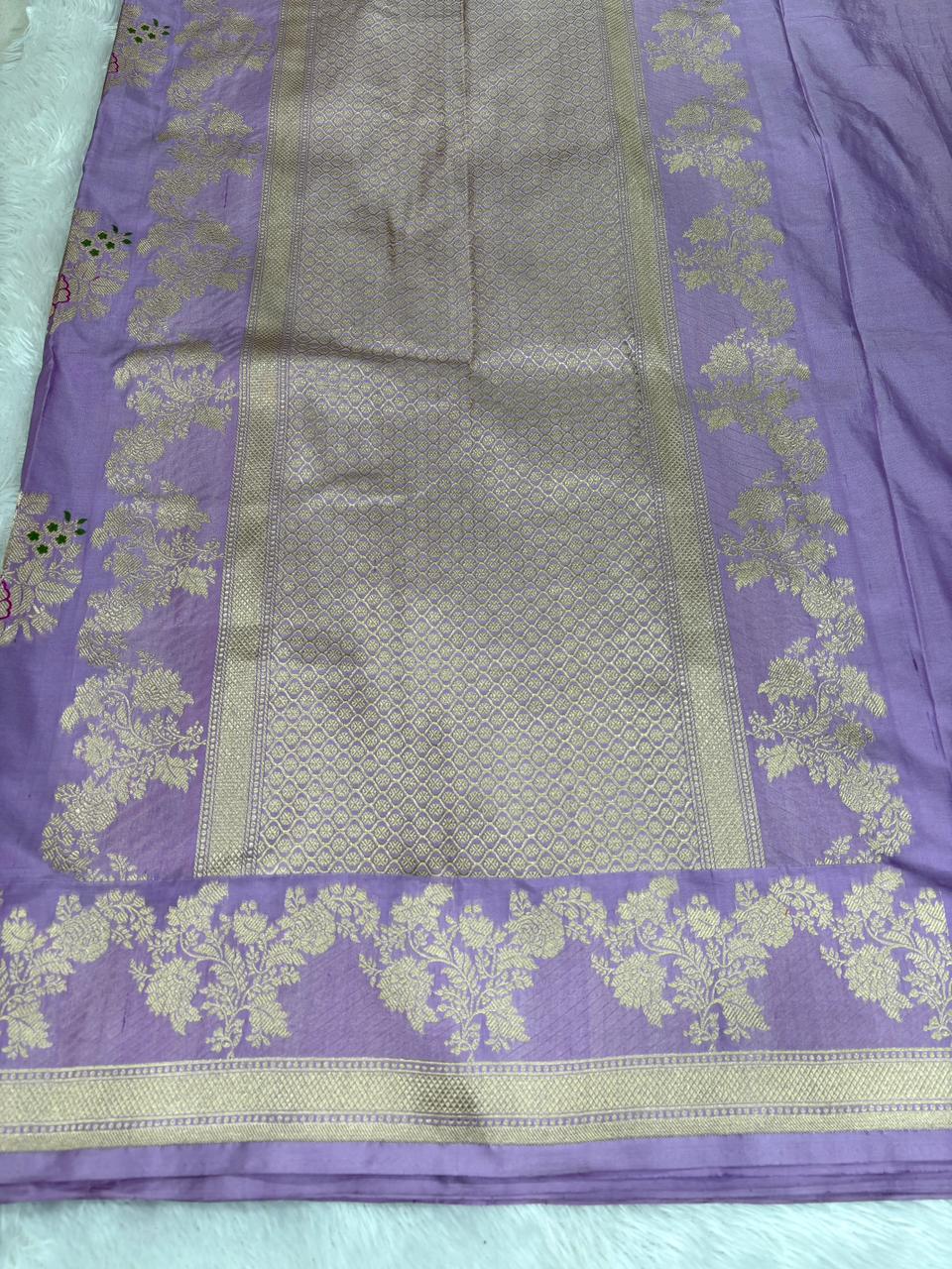 Ethereal Lavender Katan Silk Banarasi Saree with Meenakari Floral Butas & Cutwork