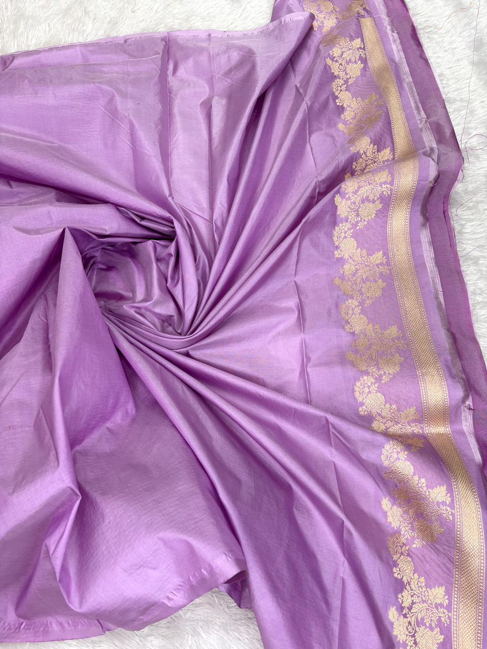 Ethereal Lavender Katan Silk Banarasi Saree with Meenakari Floral Butas & Cutwork