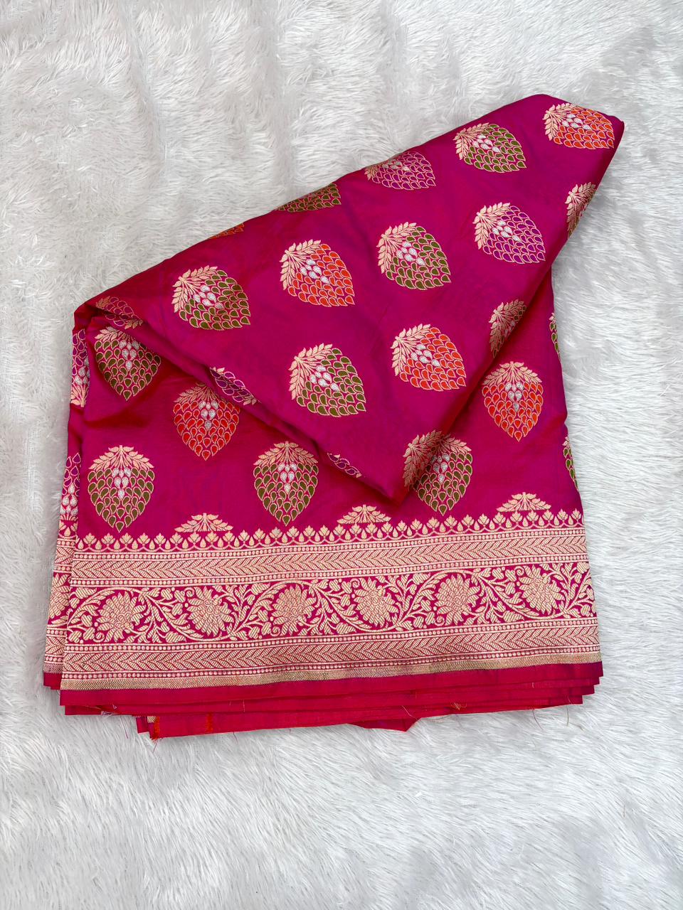 Vibrant Rani Pink Katan Silk Banarasi Saree with Meenakari Leaf Butas & Heavy Cutwork