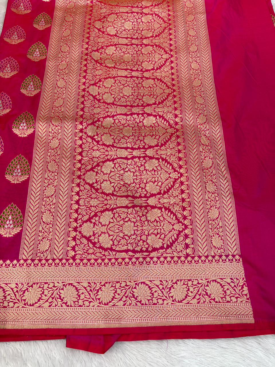 Vibrant Rani Pink Katan Silk Banarasi Saree with Meenakari Leaf Butas & Heavy Cutwork