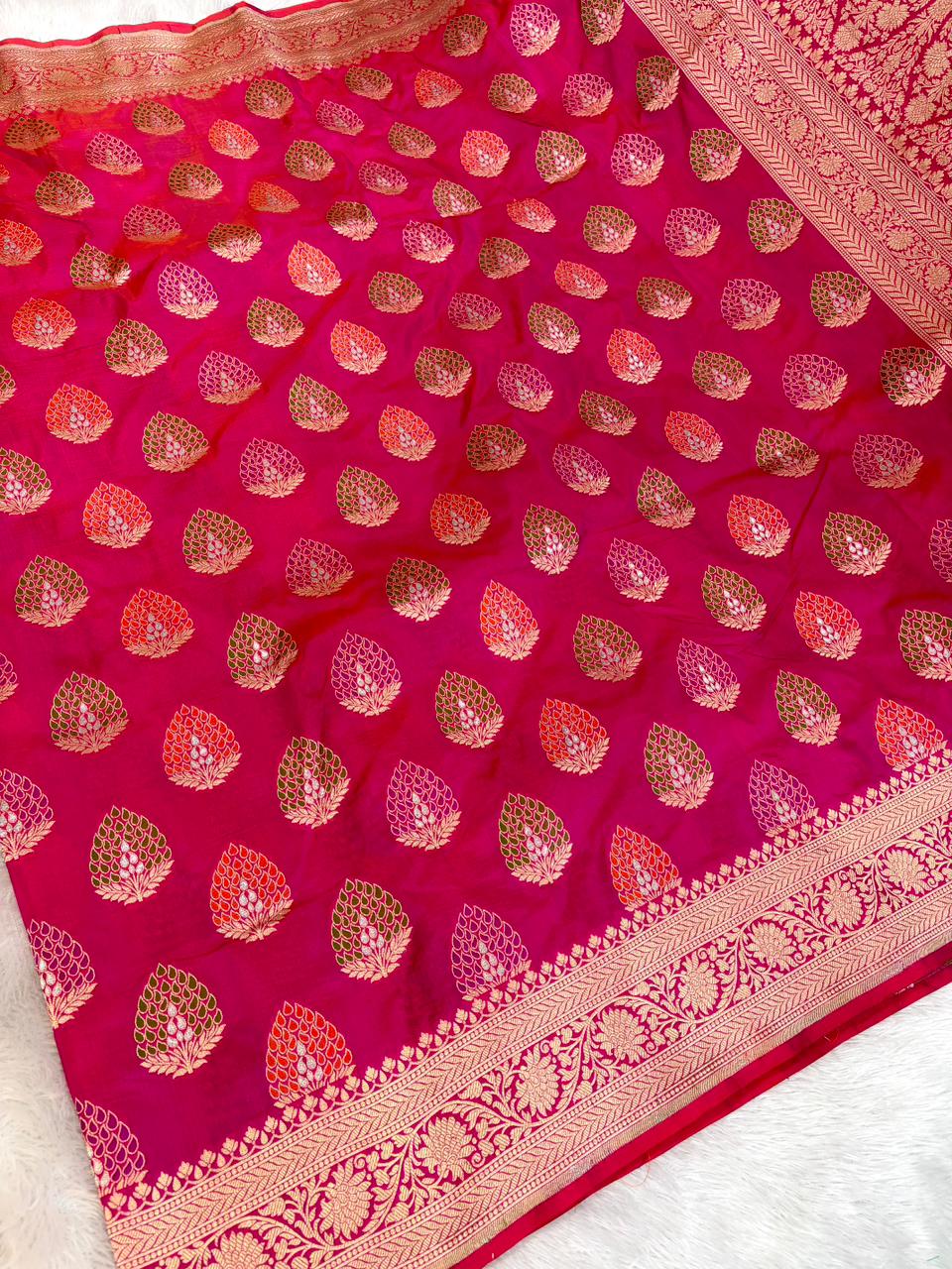 Vibrant Rani Pink Katan Silk Banarasi Saree with Meenakari Leaf Butas & Heavy Cutwork