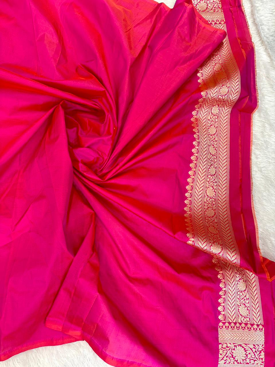 Vibrant Rani Pink Katan Silk Banarasi Saree with Meenakari Leaf Butas & Heavy Cutwork