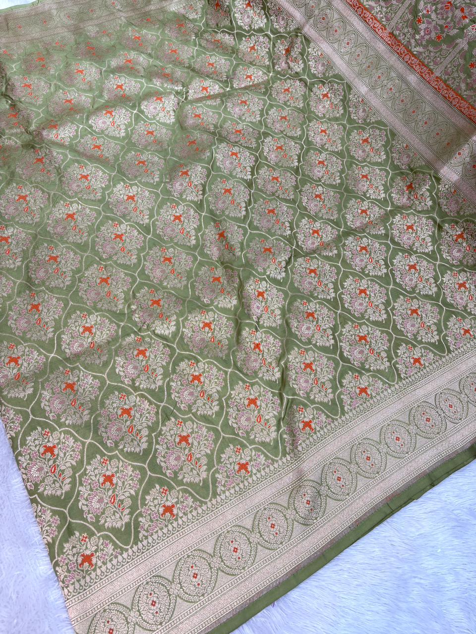 Ethereal Pista Green Katan Silk Banarasi Saree with Meenakari Ogee Jaal & Cutwork