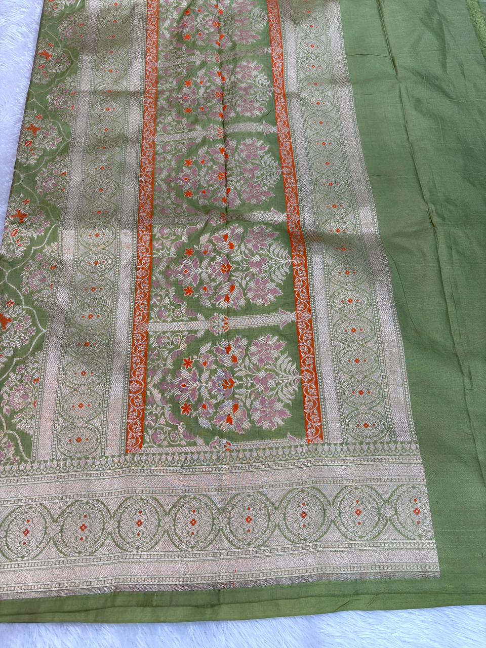 Ethereal Pista Green Katan Silk Banarasi Saree with Meenakari Ogee Jaal & Cutwork