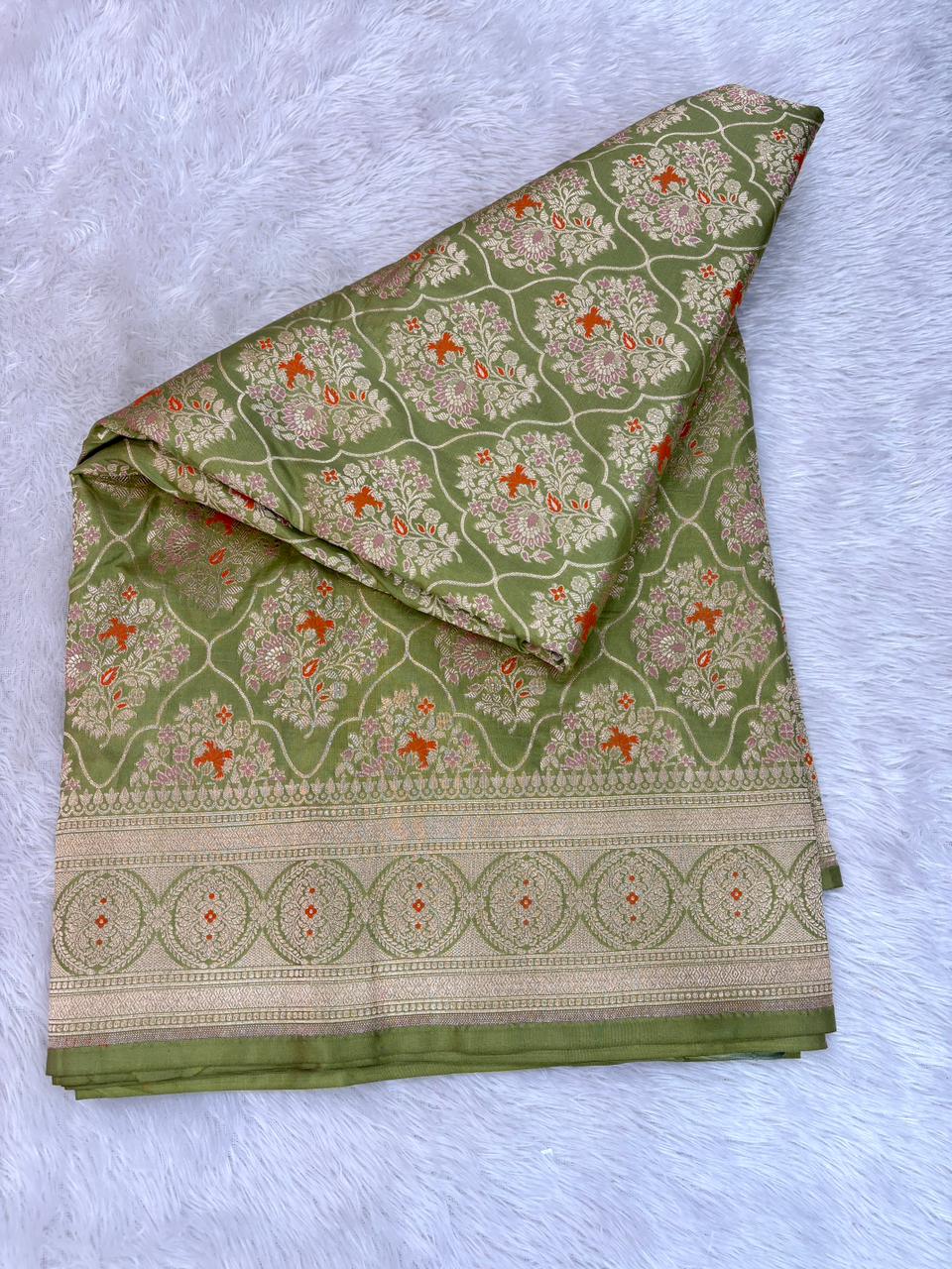 Ethereal Pista Green Katan Silk Banarasi Saree with Meenakari Ogee Jaal & Cutwork