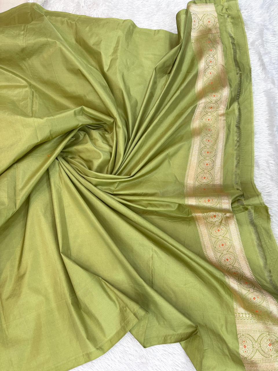 Ethereal Pista Green Katan Silk Banarasi Saree with Meenakari Ogee Jaal & Cutwork