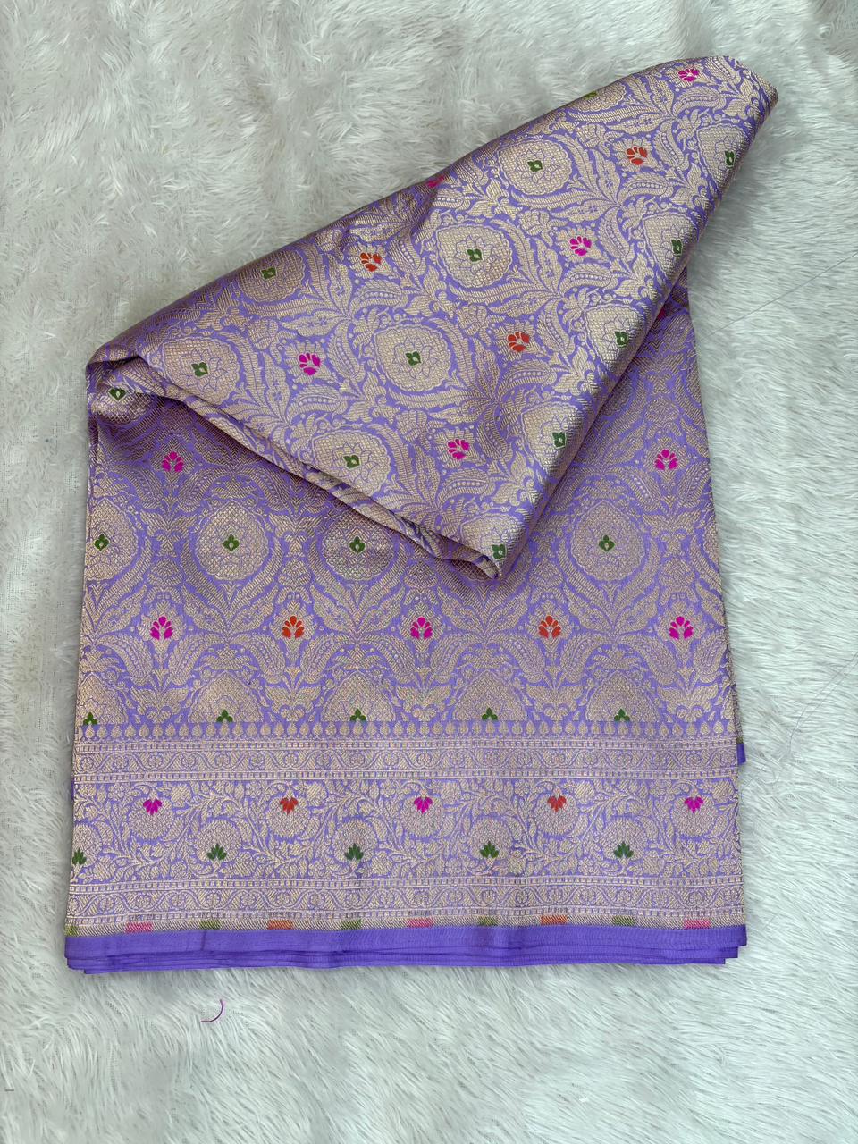 Radiant Lilac Katan Silk Banarasi Saree with Meenakari Ogee Jaal & Cutwork
