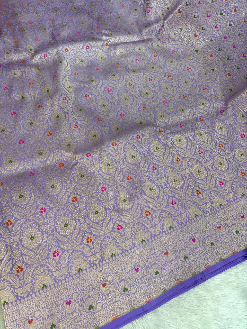 Radiant Lilac Katan Silk Banarasi Saree with Meenakari Ogee Jaal & Cutwork