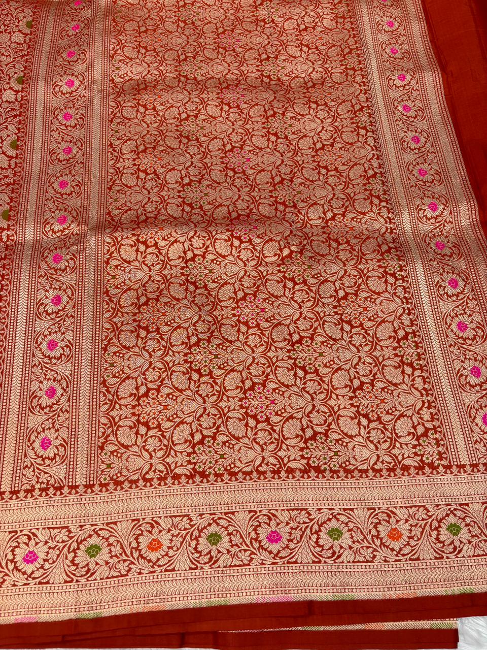 Regal Rust Orange Katan Silk Banarasi Saree with Meenakari Floral Jaal & Cutwork