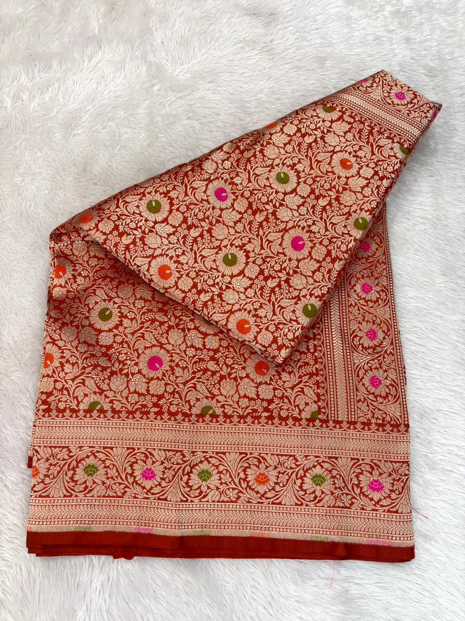 Regal Rust Orange Katan Silk Banarasi Saree with Meenakari Floral Jaal & Cutwork