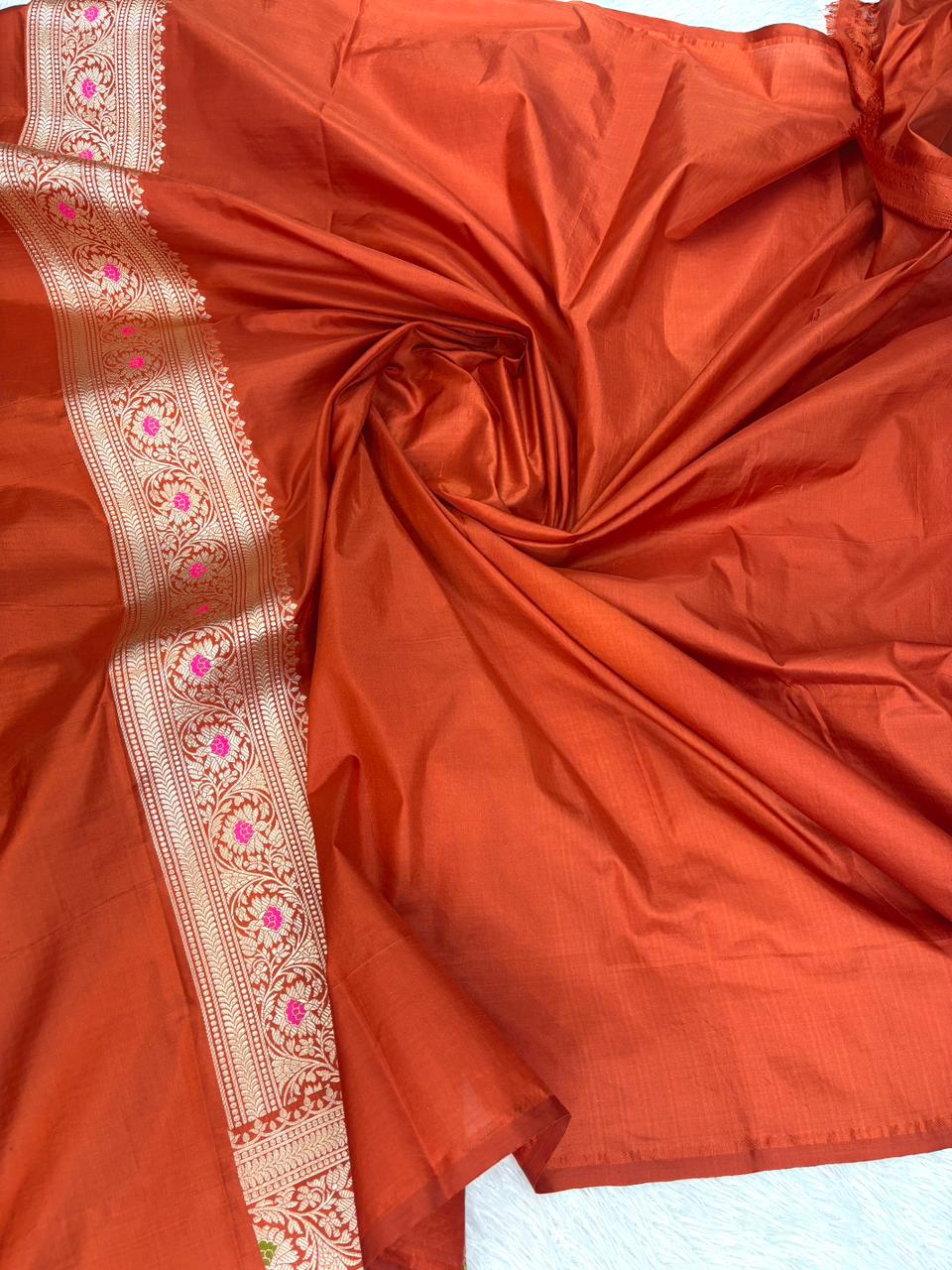 Regal Rust Orange Katan Silk Banarasi Saree with Meenakari Floral Jaal & Cutwork