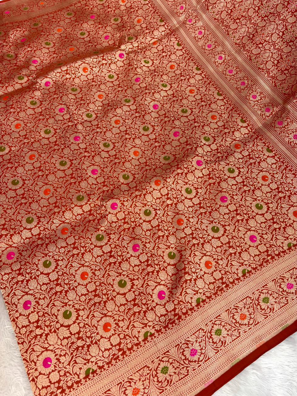 Regal Rust Orange Katan Silk Banarasi Saree with Meenakari Floral Jaal & Cutwork