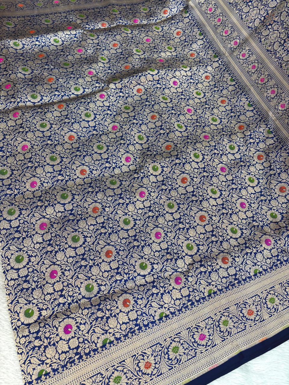 Majestic Navy Blue Katan Silk Banarasi Saree with Meenakari Floral Jaal & Cutwork