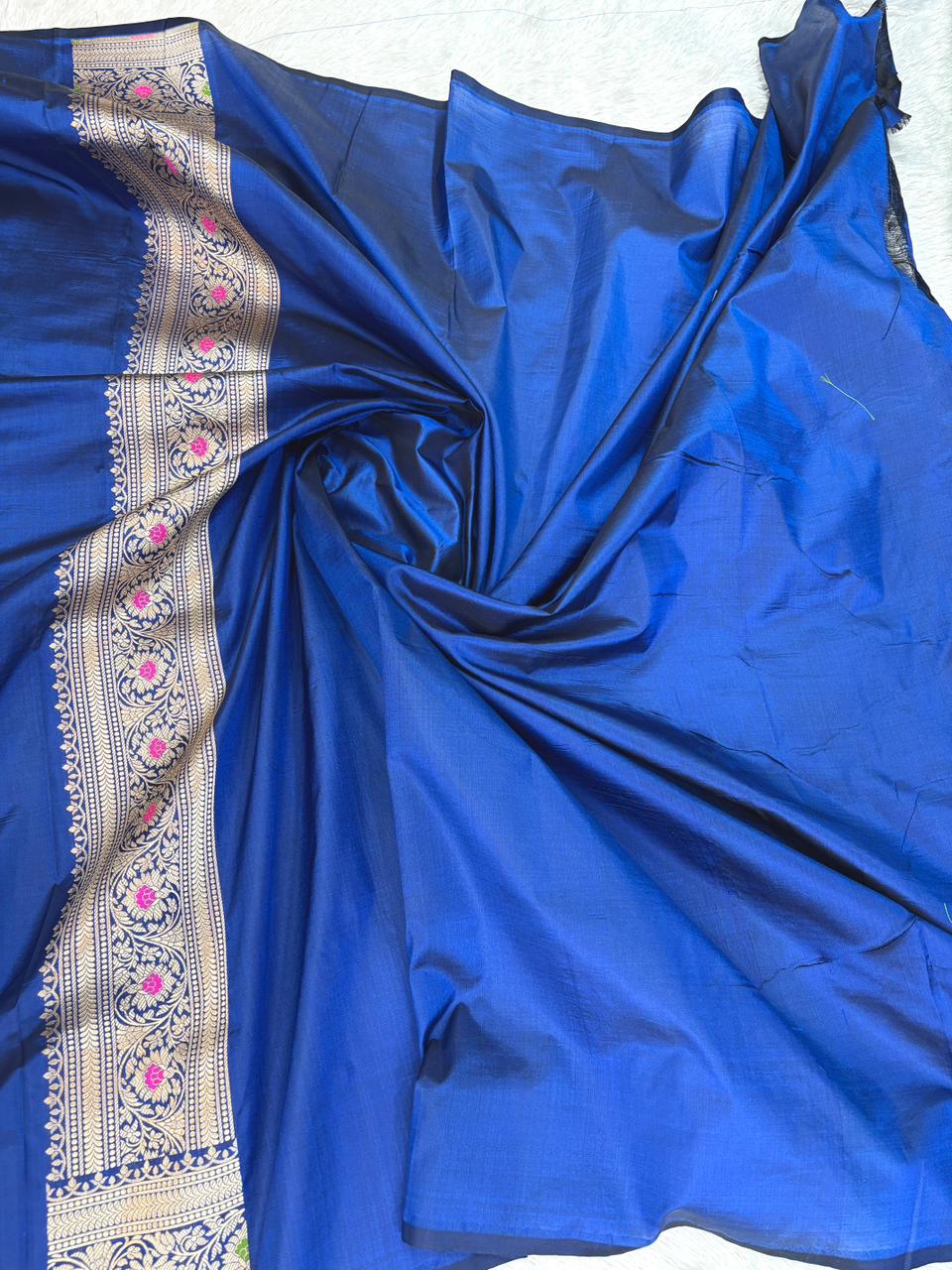 Majestic Navy Blue Katan Silk Banarasi Saree with Meenakari Floral Jaal & Cutwork
