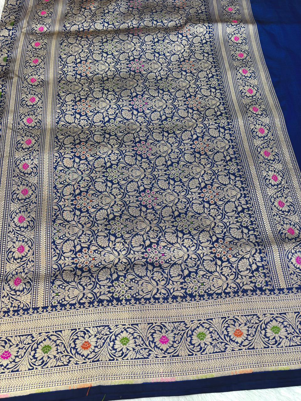 Majestic Navy Blue Katan Silk Banarasi Saree with Meenakari Floral Jaal & Cutwork