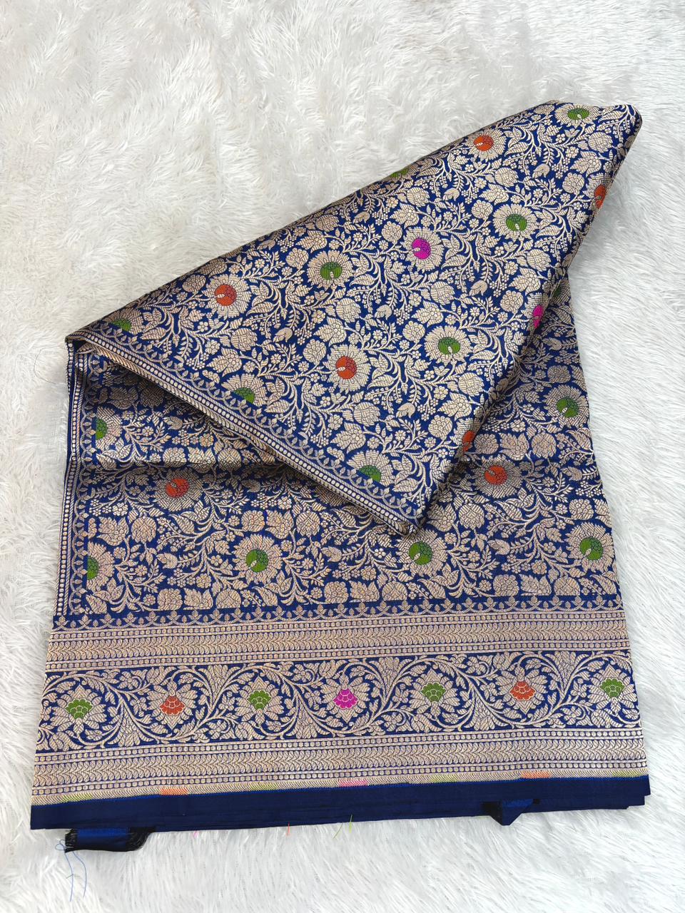 Majestic Navy Blue Katan Silk Banarasi Saree with Meenakari Floral Jaal & Cutwork
