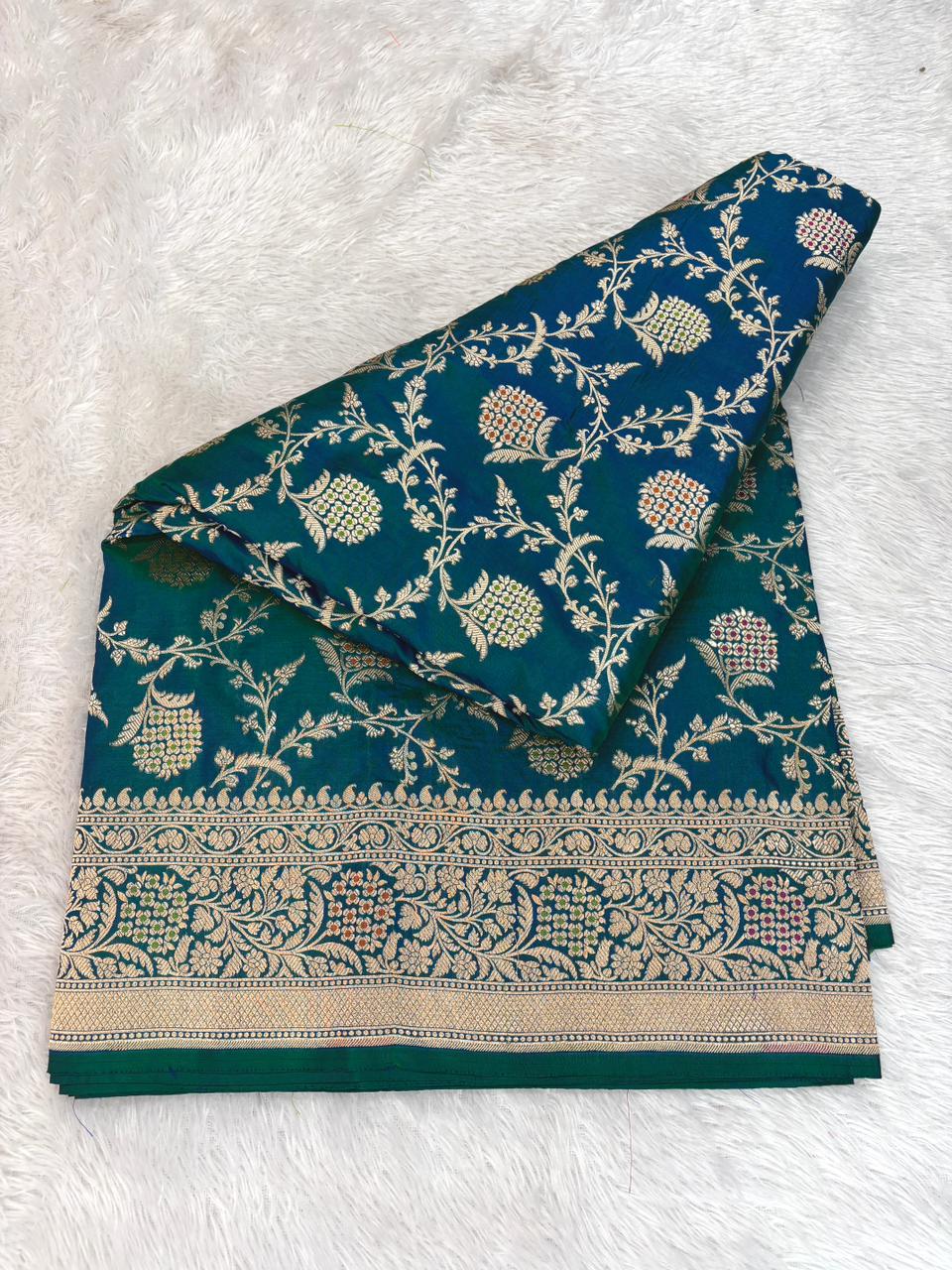 Majestic Peacock Teal Katan Silk Banarasi Saree with Meenakari Floral Jaal & Cutwork