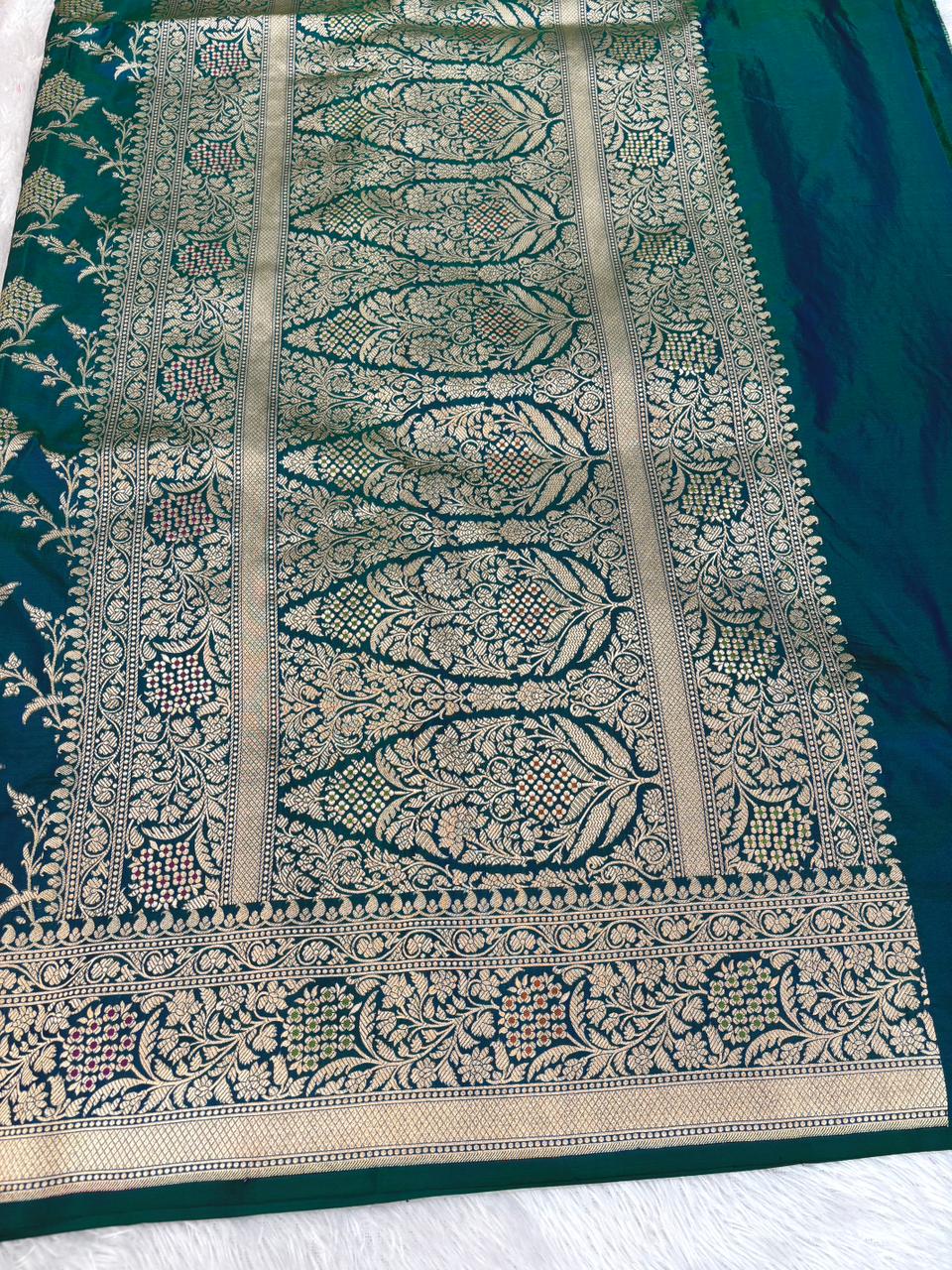Majestic Peacock Teal Katan Silk Banarasi Saree with Meenakari Floral Jaal & Cutwork