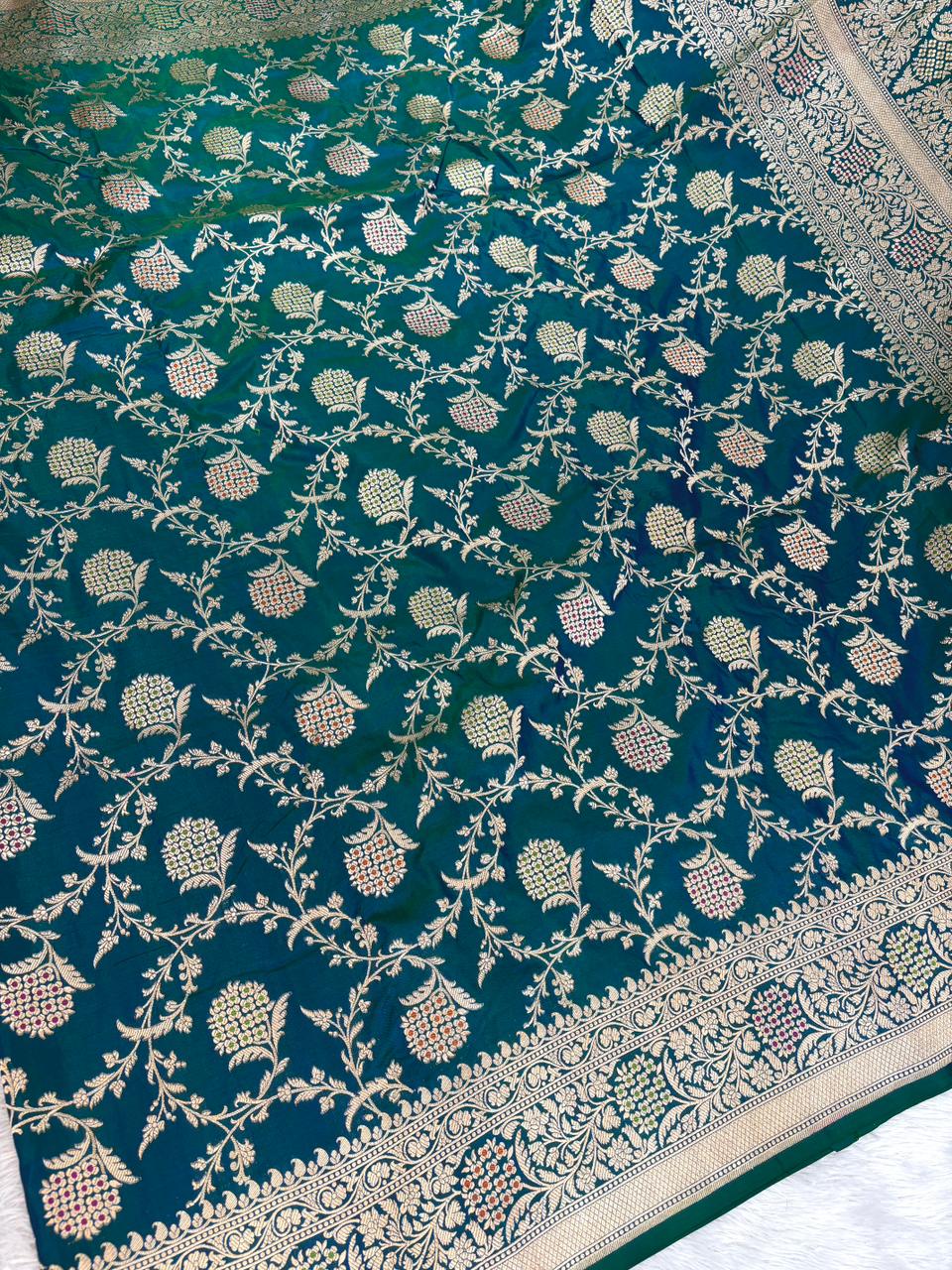Majestic Peacock Teal Katan Silk Banarasi Saree with Meenakari Floral Jaal & Cutwork
