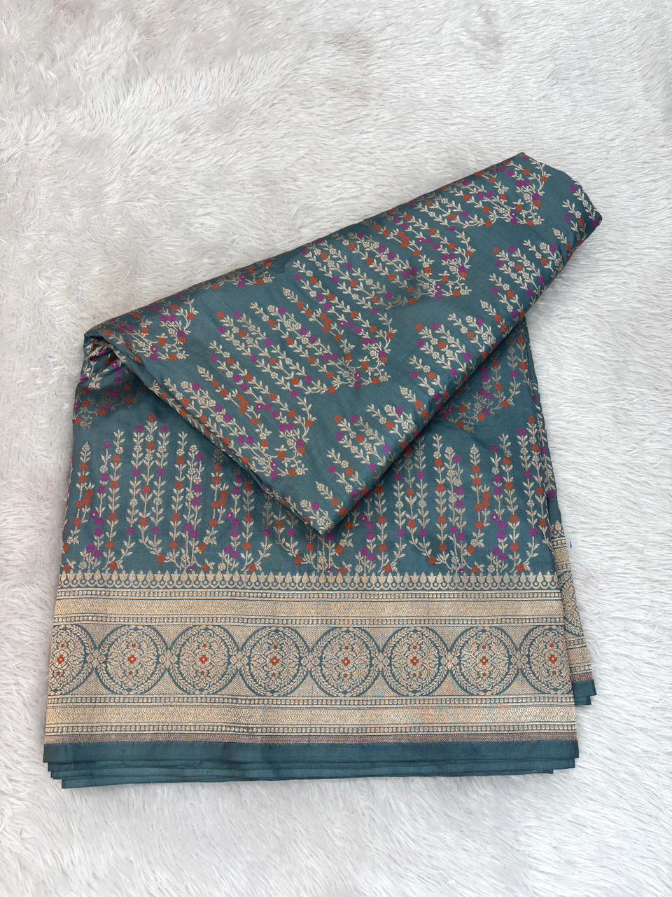 Sophisticated Slate Grey Katan Silk Banarasi Saree with Rhythmic Meenakari Floral Waves