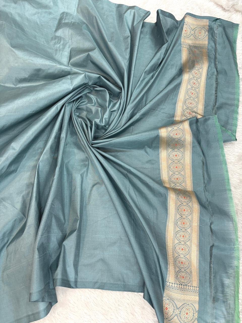 Sophisticated Slate Grey Katan Silk Banarasi Saree with Rhythmic Meenakari Floral Waves