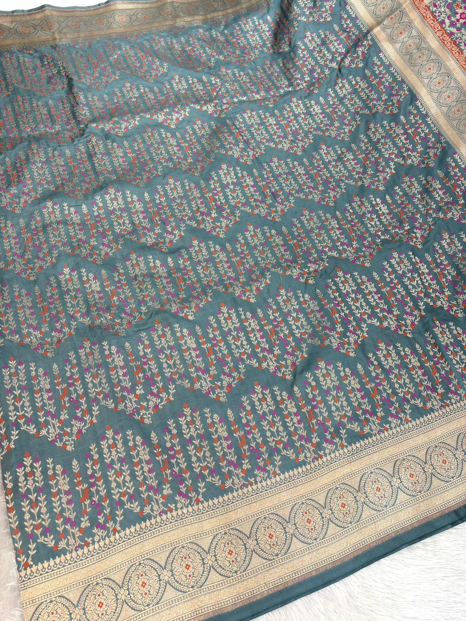Sophisticated Slate Grey Katan Silk Banarasi Saree with Rhythmic Meenakari Floral Waves