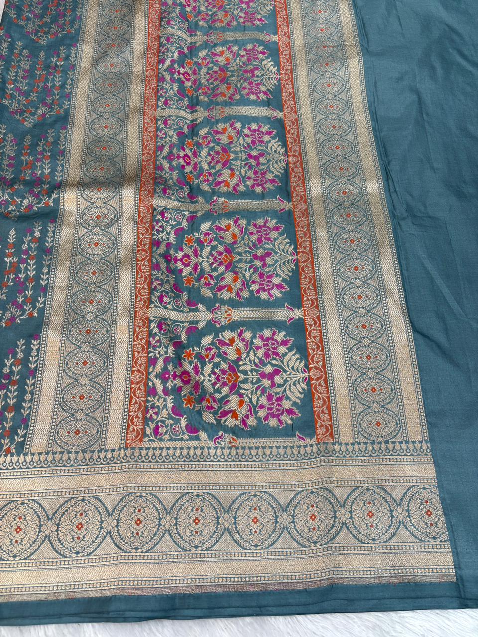 Sophisticated Slate Grey Katan Silk Banarasi Saree with Rhythmic Meenakari Floral Waves